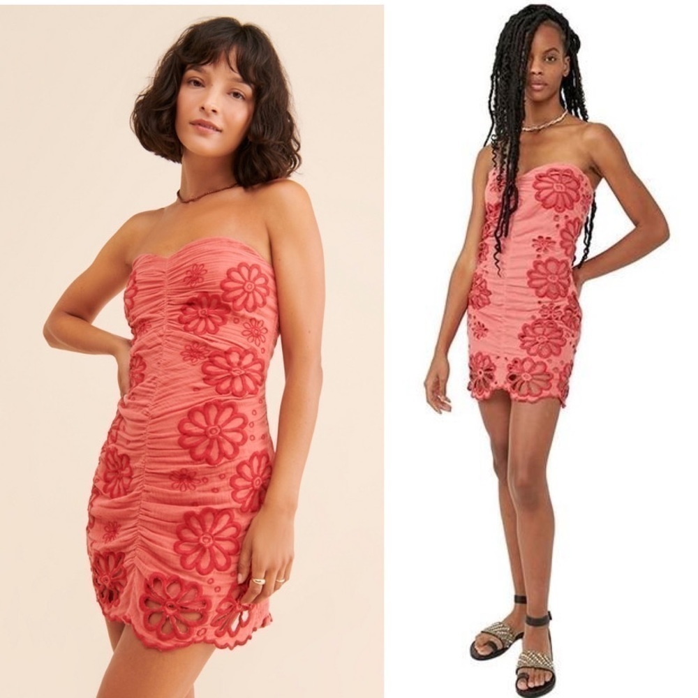 NWT FREE PEOPLE Mini Dress Y2K Strapless Ruched Floral Embroidered Smocked Sz L